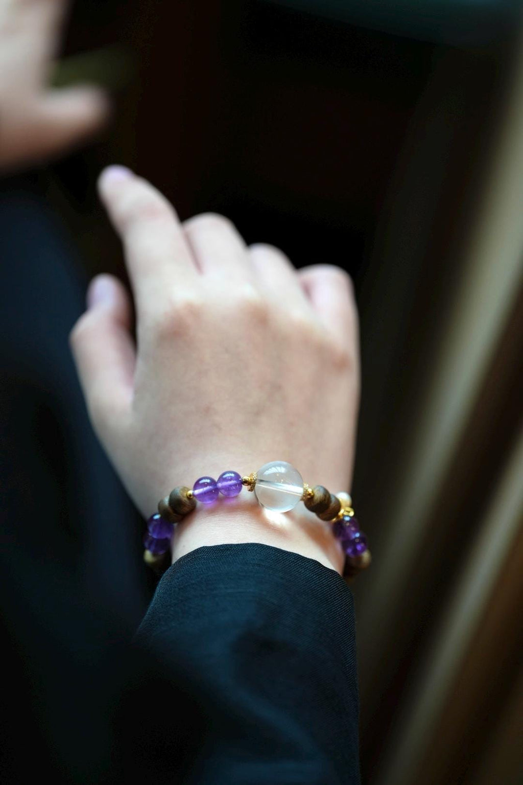 Kynam Agarwood Bracelet, Amethyst, Clear Quartz & Pearl