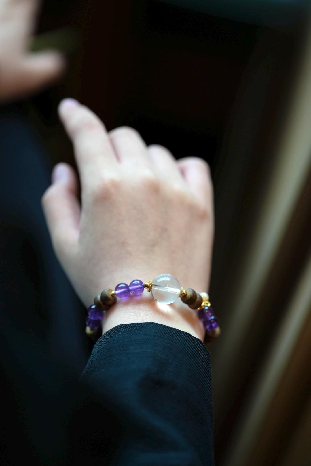 Kynam Agarwood Bracelet, Amethyst, Clear Quartz & Pearl