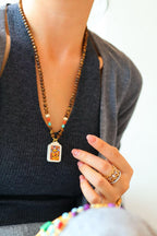 Kynam Agarwood Thangka Guardian Necklace, Turquoise & South Red