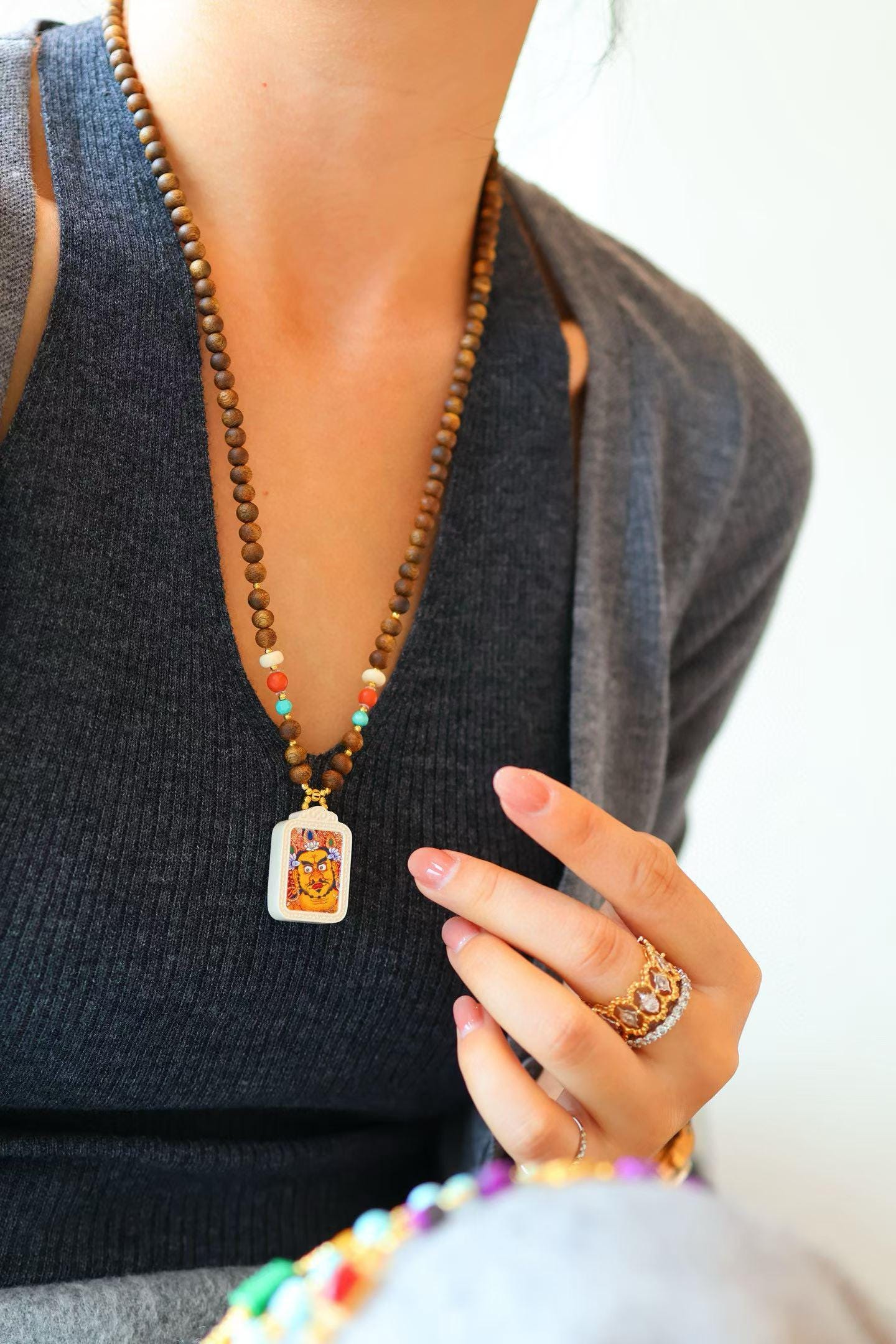 Kynam Agarwood Thangka Guardian Necklace, Turquoise & South Red