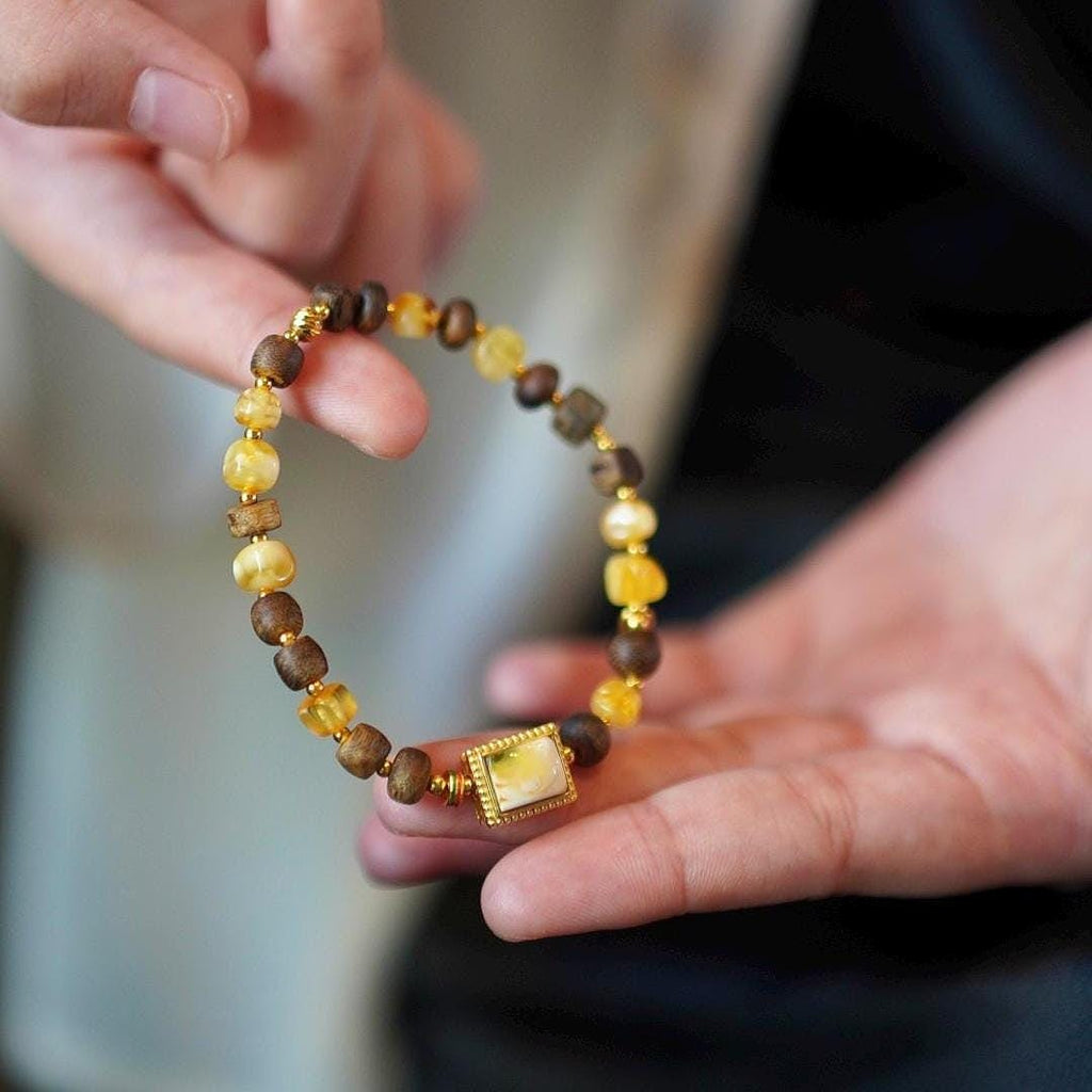 Beeswax Amber & Kynam Agarwood Bracelet, Carved Amber Plaque Focal