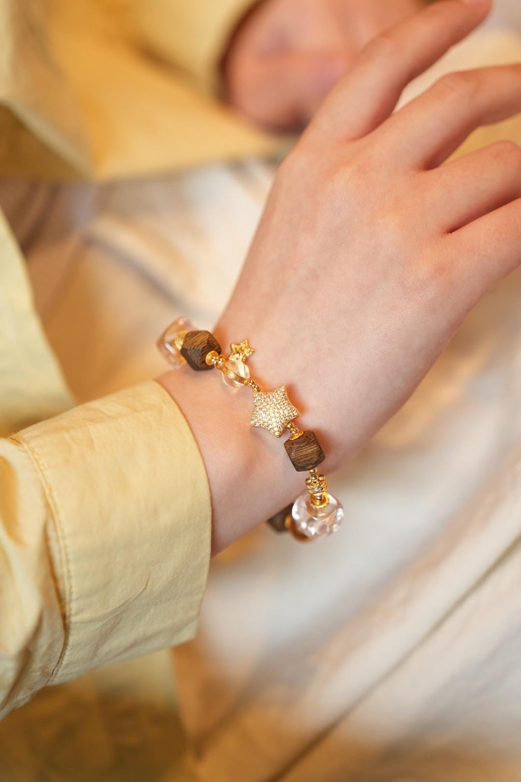 Kynam Agarwood Bracelet, Faceted Beads, Ice-Pink Crystal & Star Pave Charms