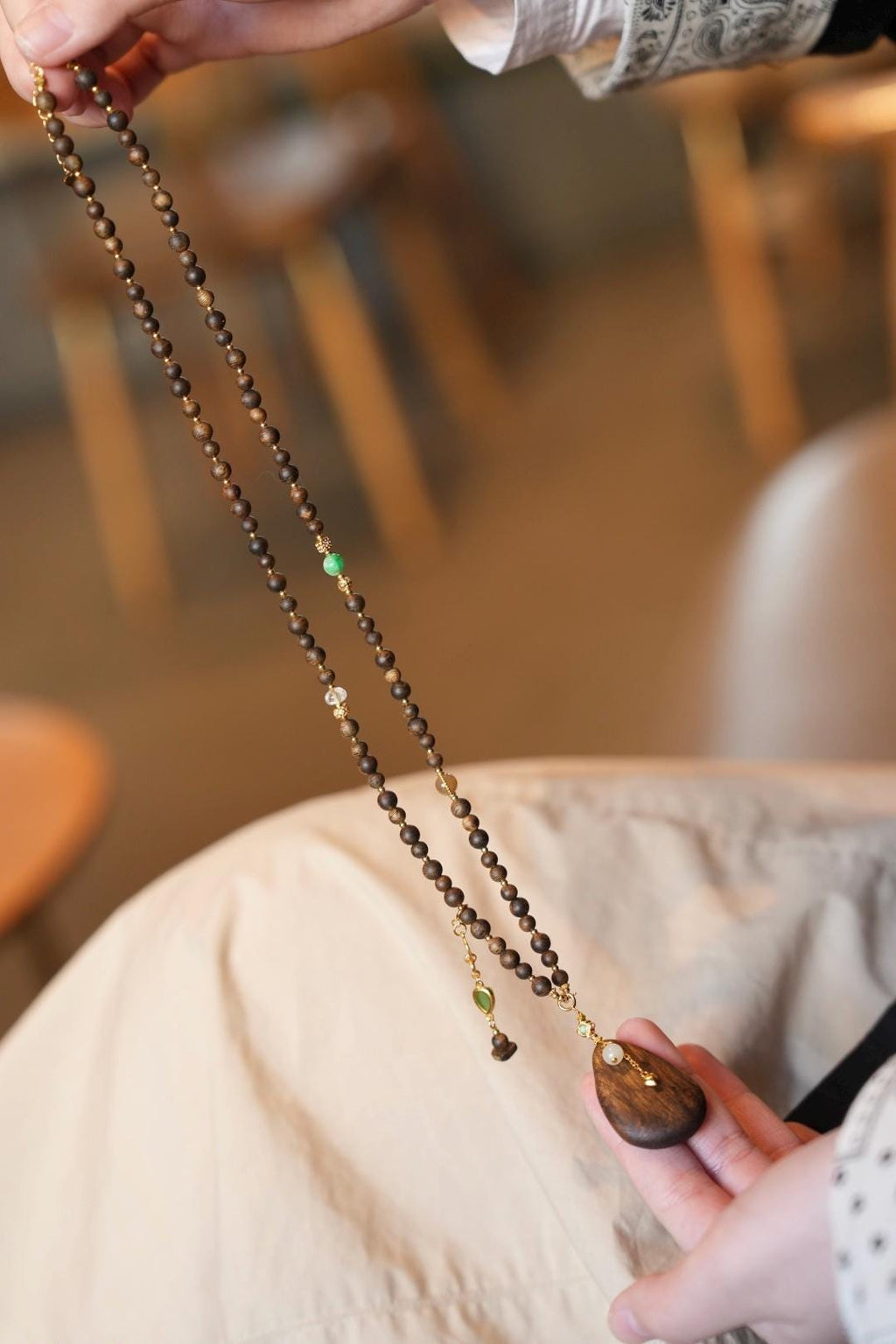 Kynam Agarwood Necklace, Carved Teardrop Pendant & Jade Accents