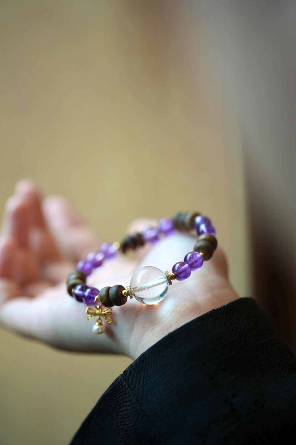 Kynam Agarwood Bracelet, Amethyst, Clear Quartz & Pearl