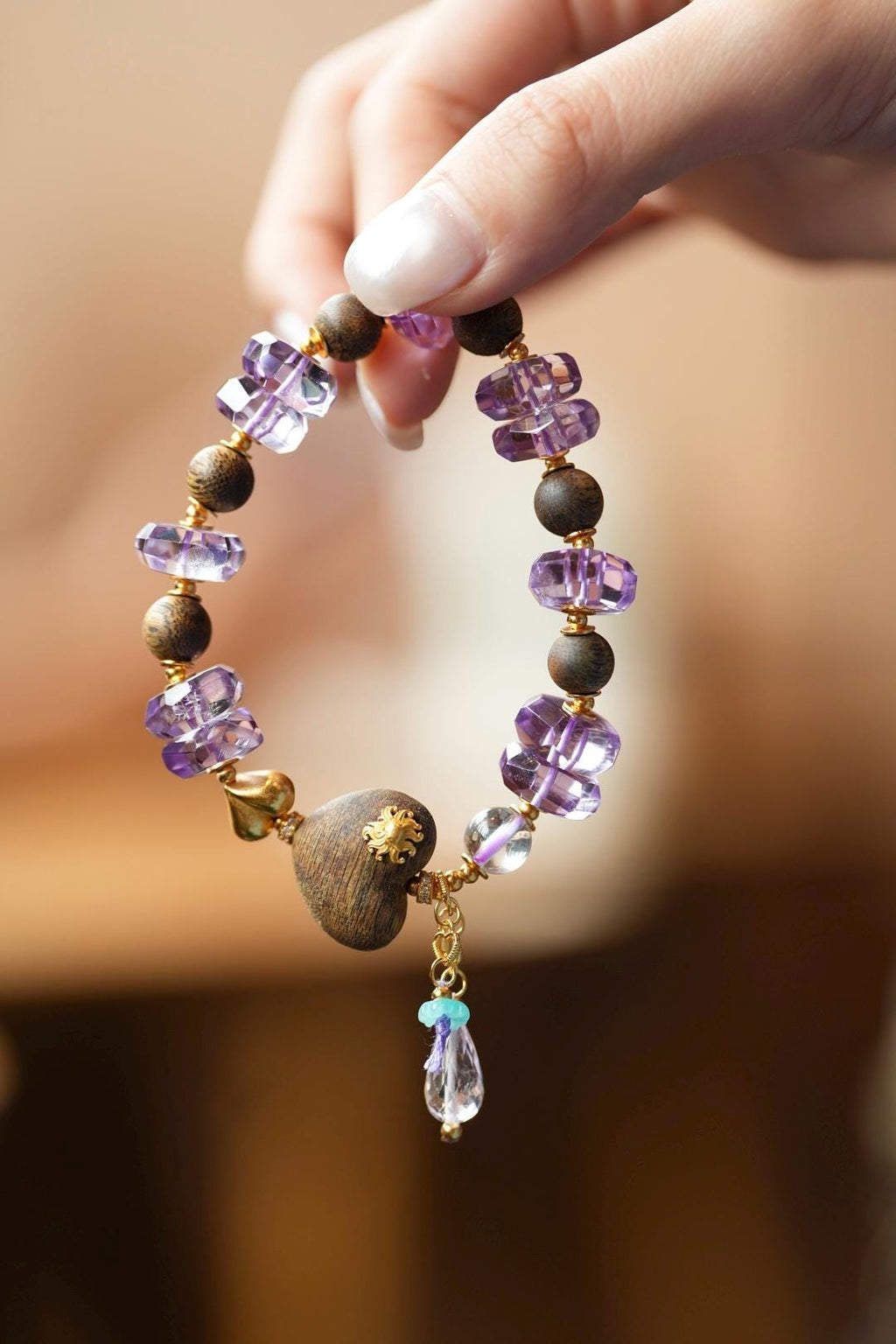 Kynam Agarwood Bracelet, Amethyst & Carved Heart-Peach Focal