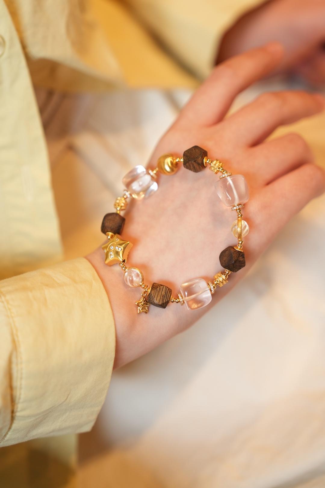 Kynam Agarwood Bracelet, Faceted Beads, Ice-Pink Crystal & Star Pave Charms