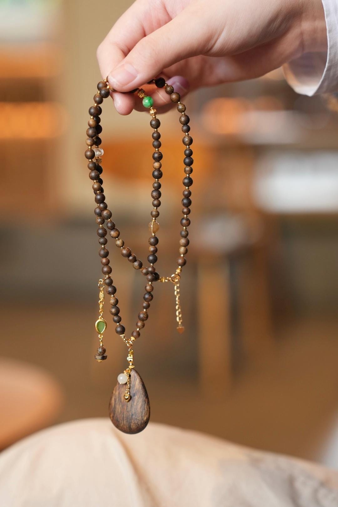 Kynam Agarwood Necklace, Carved Teardrop Pendant & Jade Accents