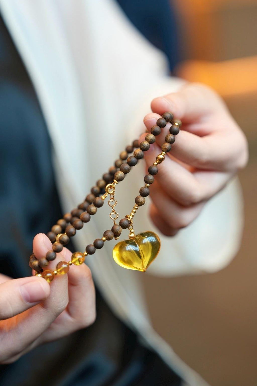 Kynam Agarwood & Golden Amber Necklace, Heart-Peach Pendant