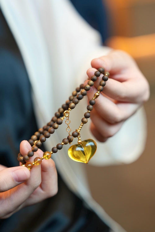 Kynam Agarwood & Golden Amber Necklace, Heart-Peach Pendant