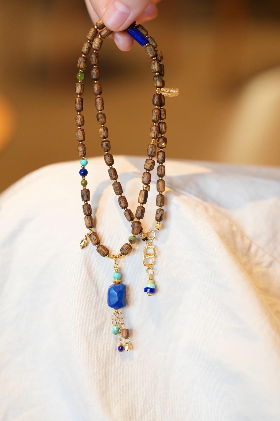 Kynam Agarwood Necklace, Old-Mine Imperial Lapis & Turquoise