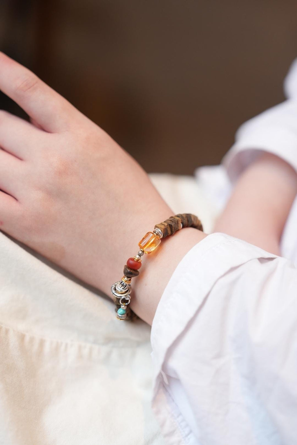 Kynam Agarwood Disc Bracelet, Citrine & South Red Agate