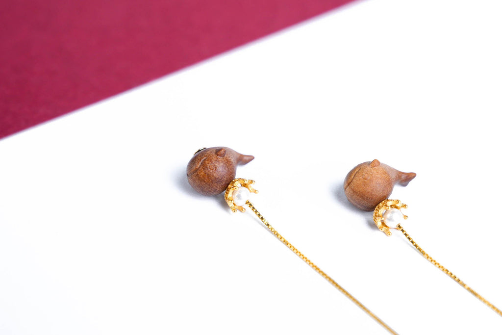 Mysore Sandalwood Earrings, Carved Dolphin, Freshwater Pearl