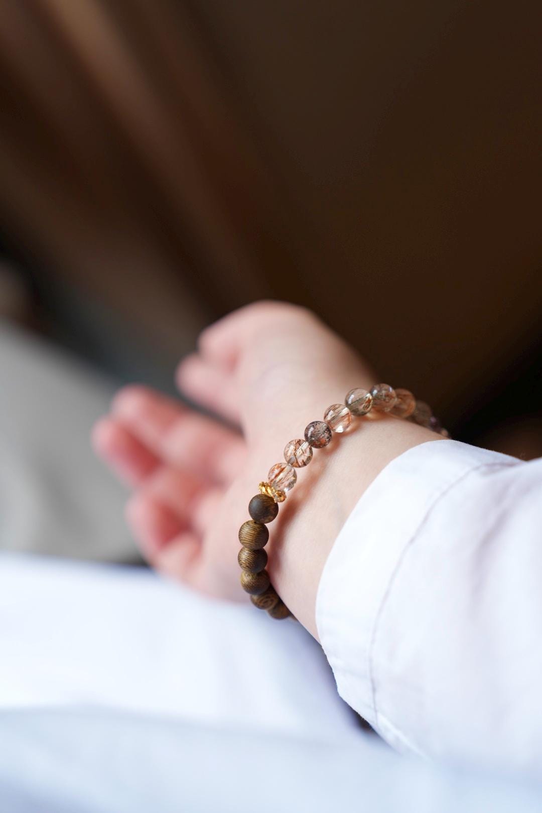 Kynam Agarwood Bracelet, Black-Gold Super Seven & Heart Sutra