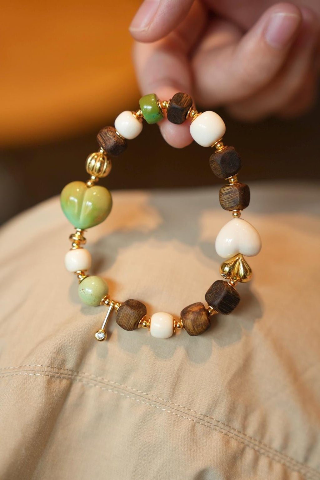 Tri-Color Turquoise Bracelet, Heart-Peach Focal & Agarwood