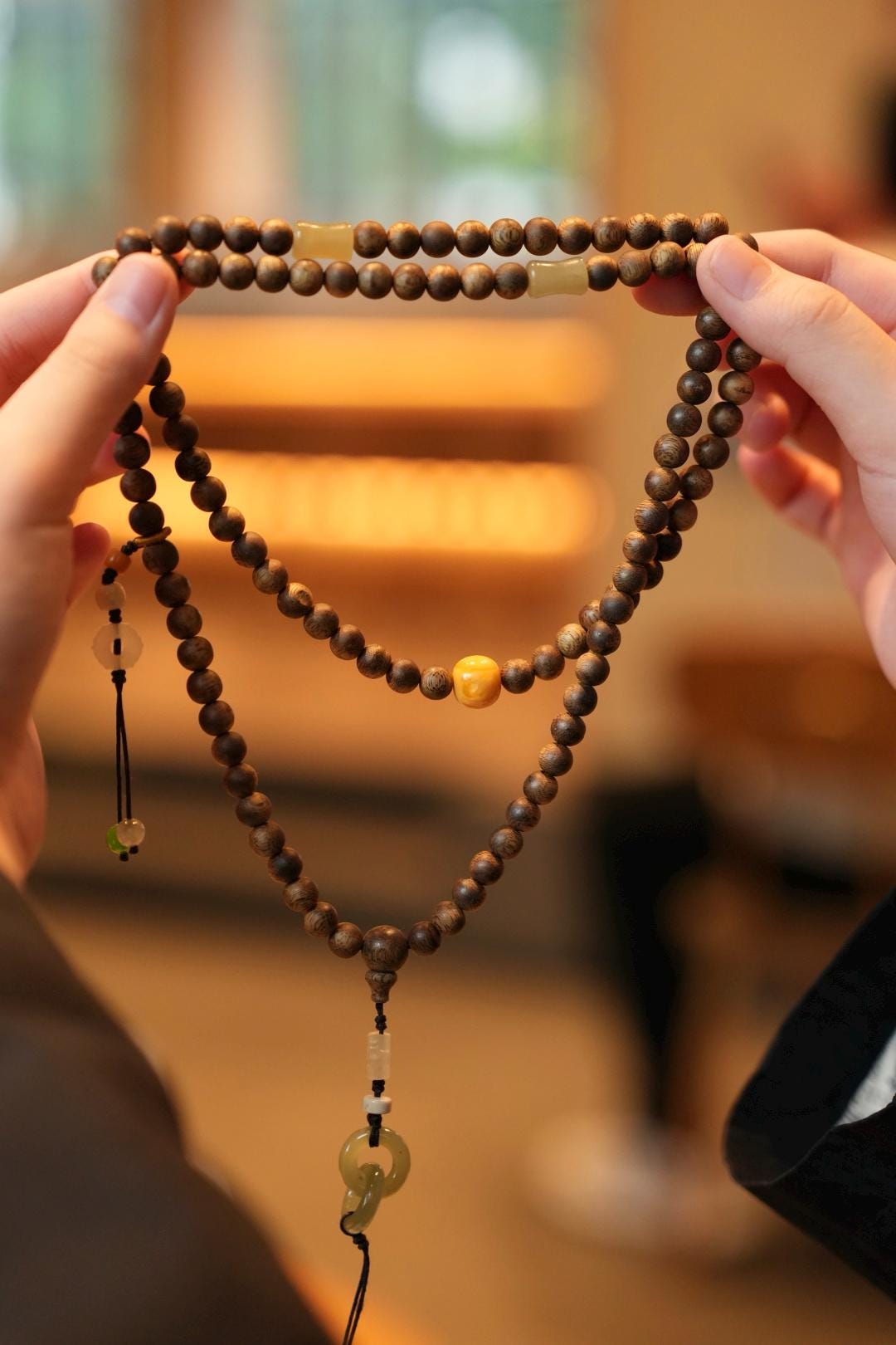 Kynam Agarwood Necklace, Beeswax Amber, Nephrite & Jade