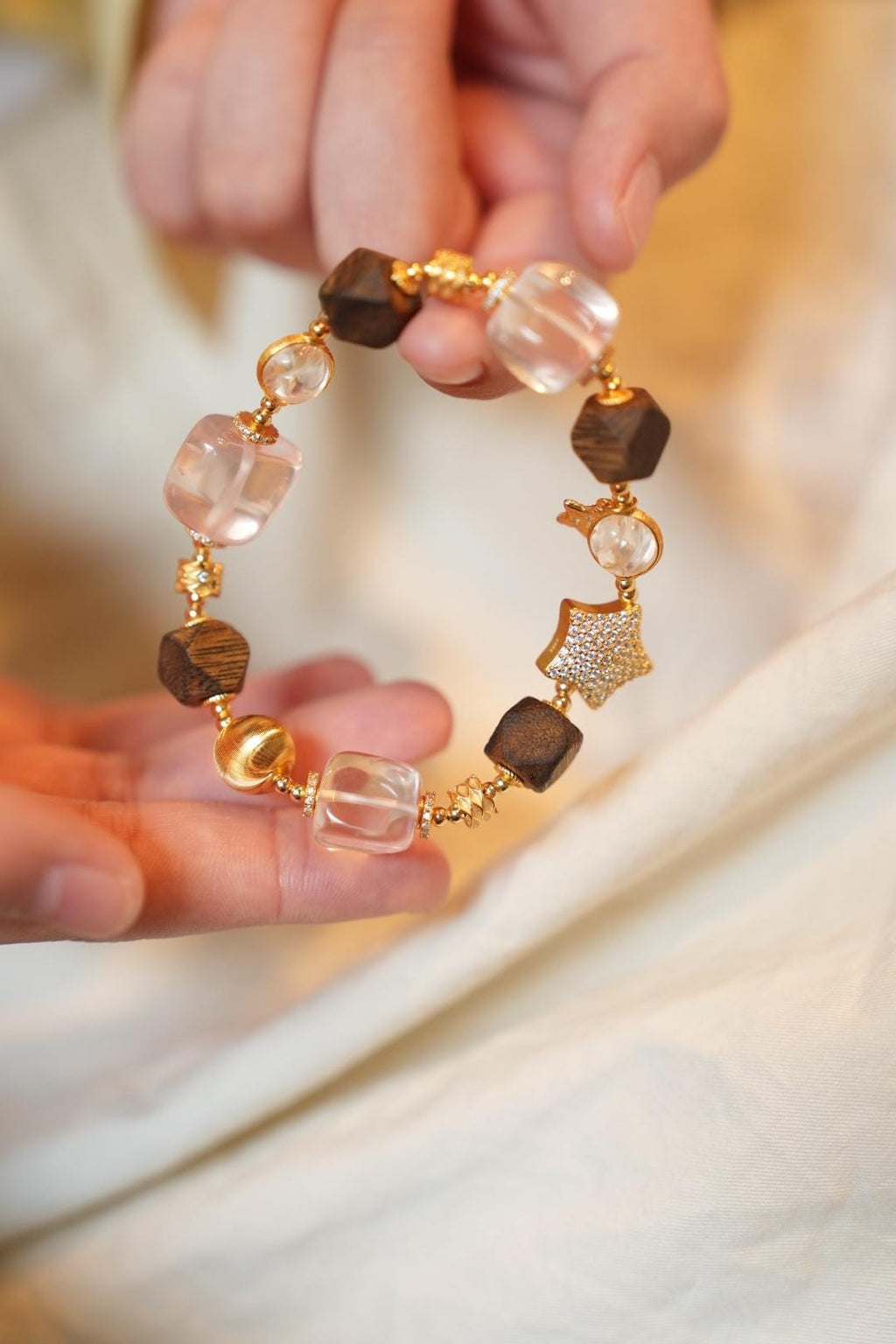 Kynam Agarwood Bracelet, Faceted Beads, Ice-Pink Crystal & Star Pave Charms
