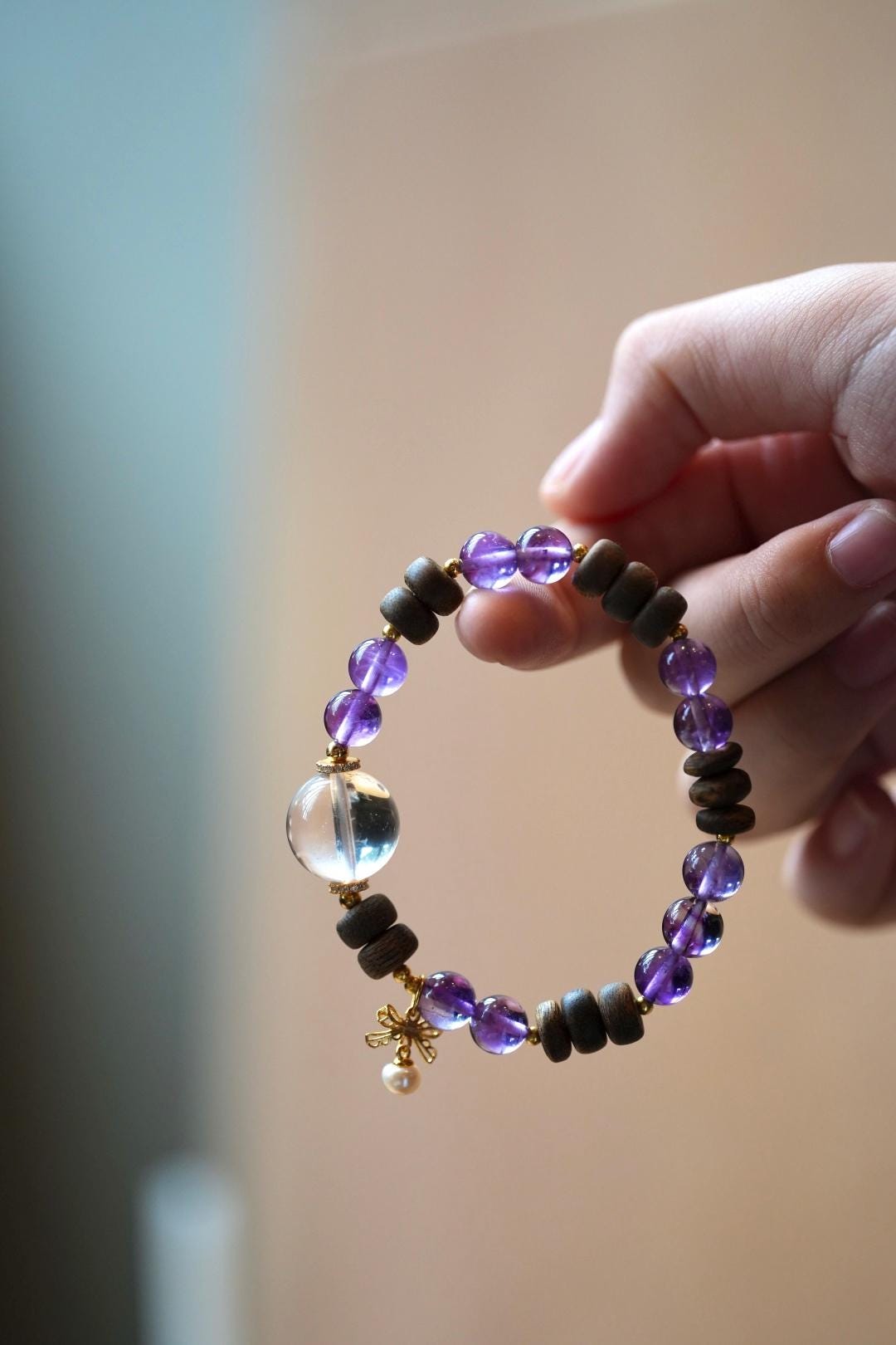 Kynam Agarwood Bracelet, Amethyst, Clear Quartz & Pearl