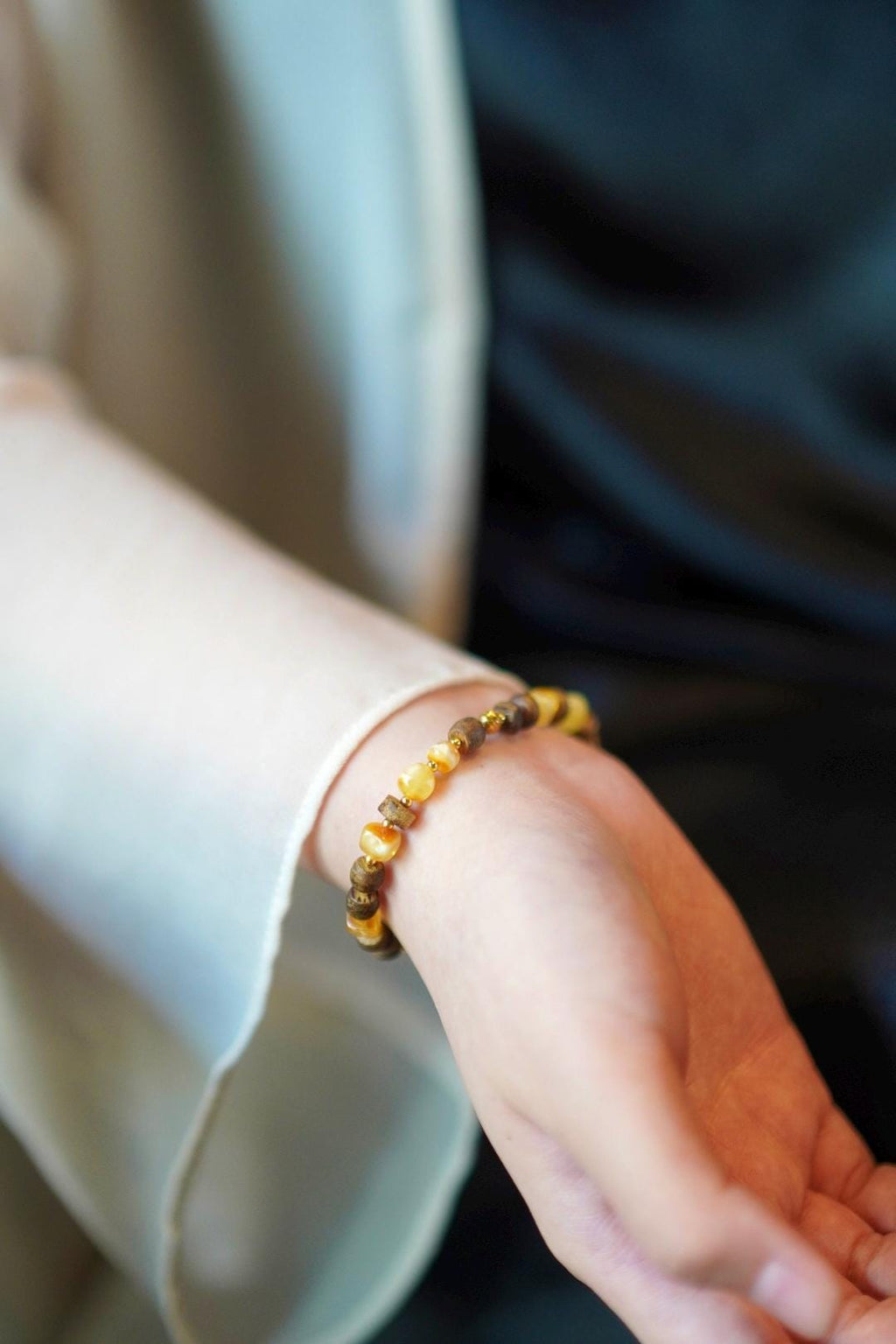 Beeswax Amber & Kynam Agarwood Bracelet, Carved Amber Plaque Focal