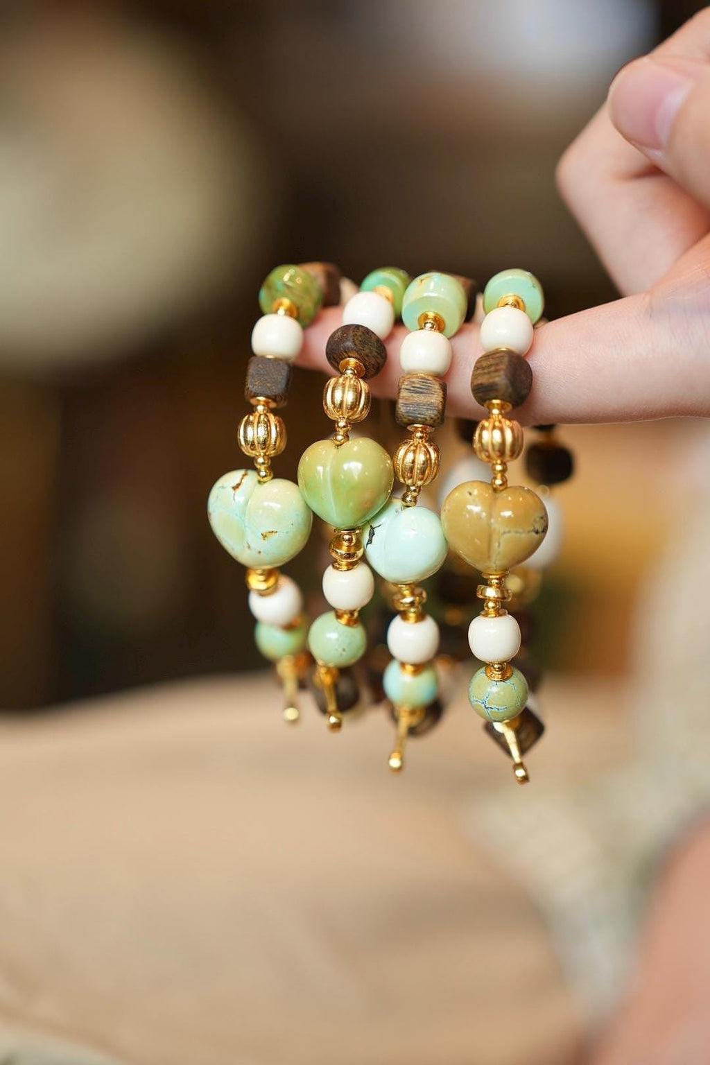 Tri-Color Turquoise Bracelet, Heart-Peach Focal & Agarwood