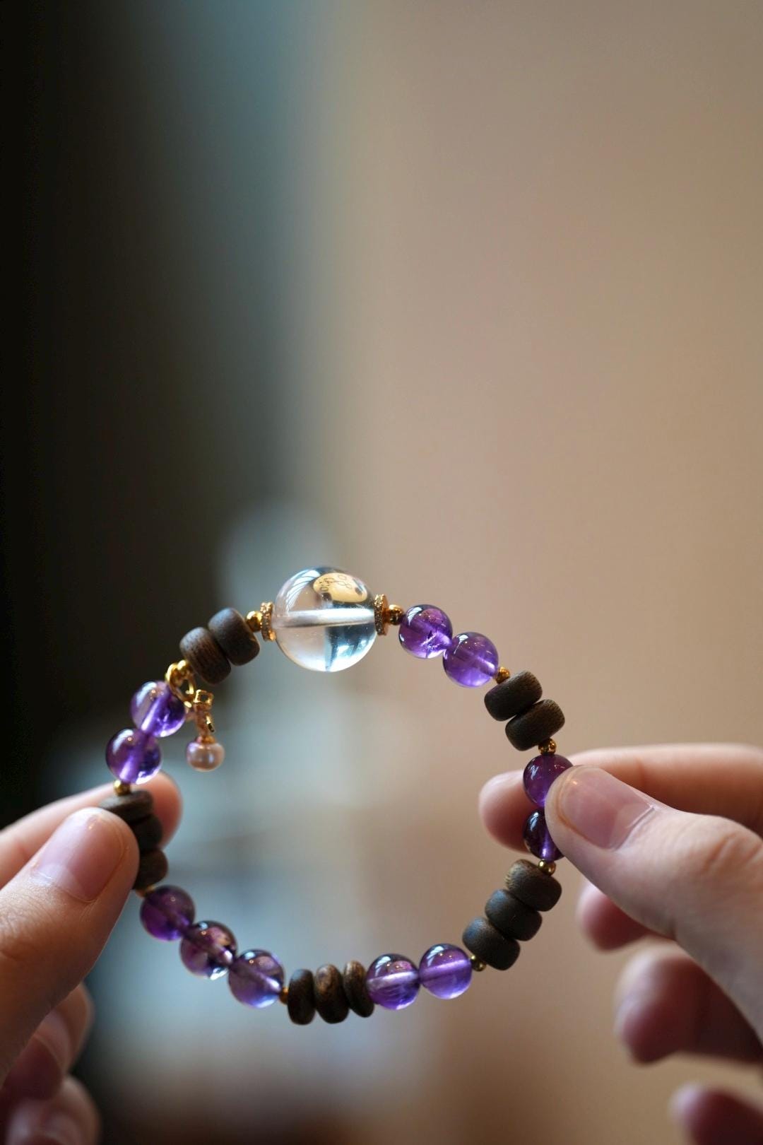 Kynam Agarwood Bracelet, Amethyst, Clear Quartz & Pearl