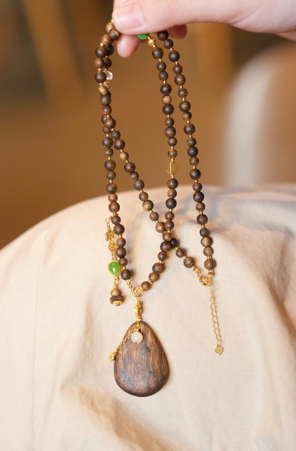 Kynam Agarwood Necklace, Carved Teardrop Pendant & Jade Accents