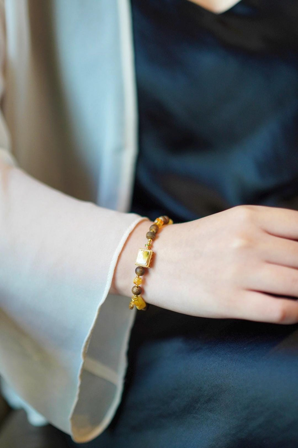 Beeswax Amber & Kynam Agarwood Bracelet, Carved Amber Plaque Focal