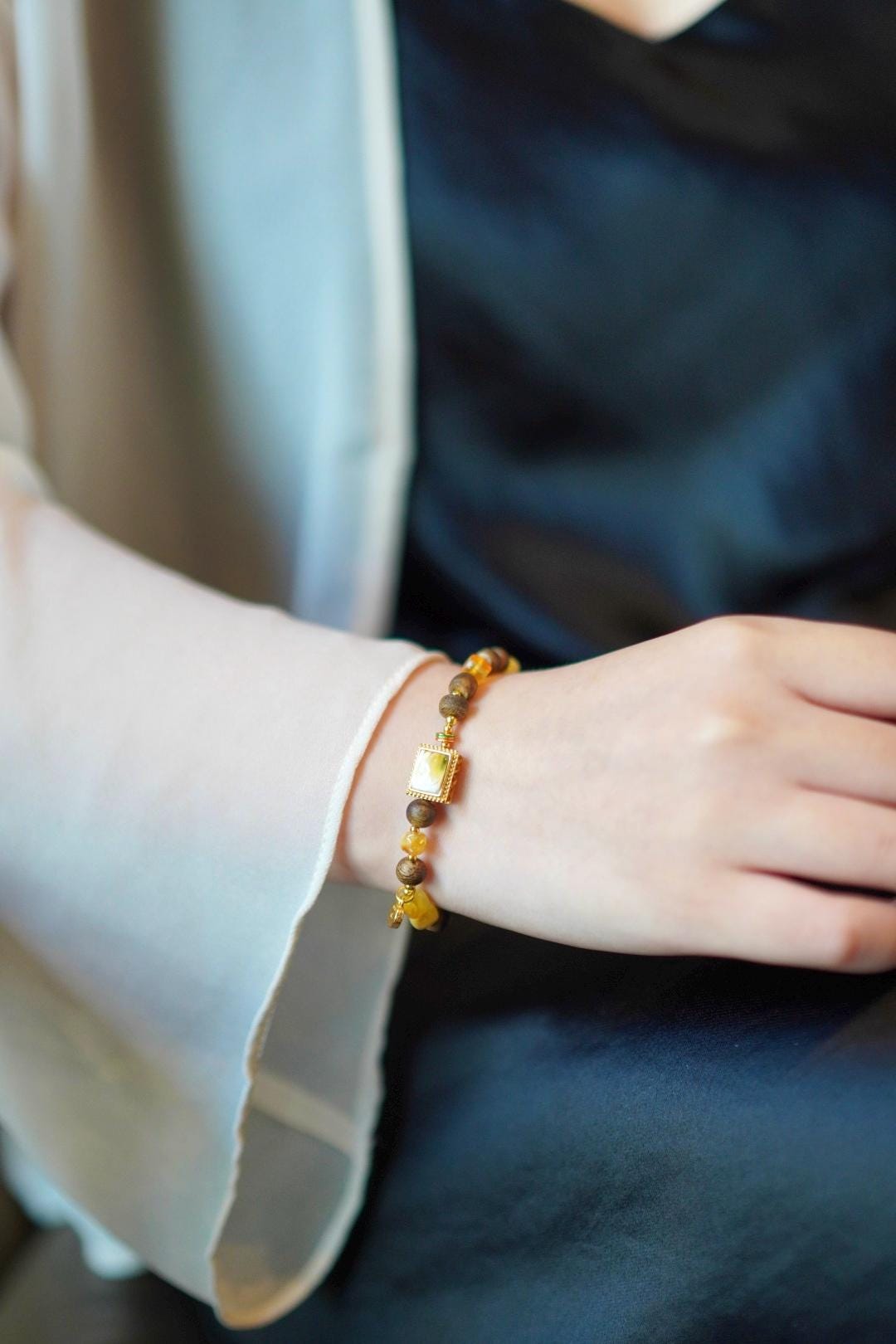 Beeswax Amber & Kynam Agarwood Bracelet, Carved Amber Plaque Focal