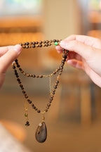 Kynam Agarwood Necklace, Carved Teardrop Pendant & Jade Accents