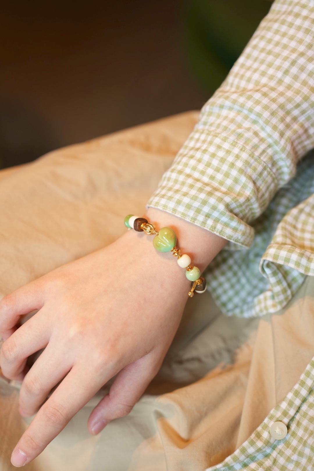 Tri-Color Turquoise Bracelet, Heart-Peach Focal & Agarwood