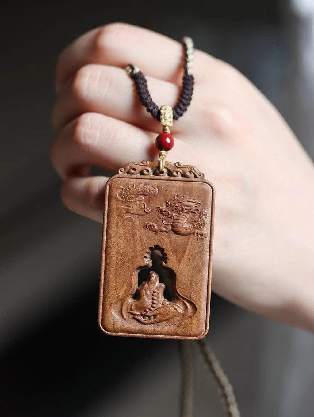 Mysore Sandalwood Charm, Hollow-Carved Buddha & Dragon