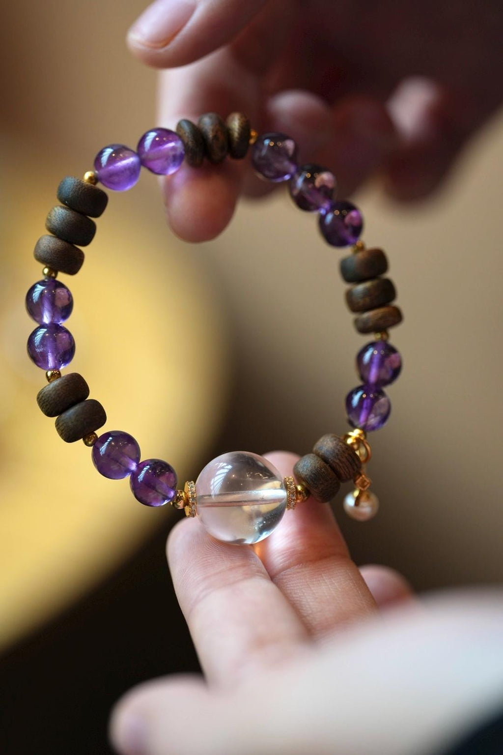 Kynam Agarwood Bracelet, Amethyst, Clear Quartz & Pearl