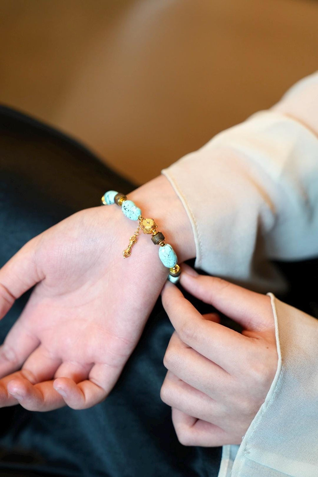 Sky-Blue Turquoise Freeform Bracelet, Agarwood & Vajra Pendant