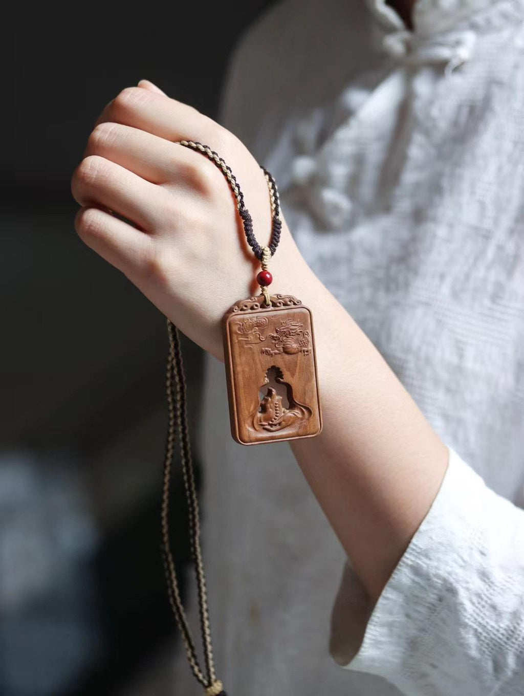 Mysore Sandalwood Charm, Hollow-Carved Buddha & Dragon