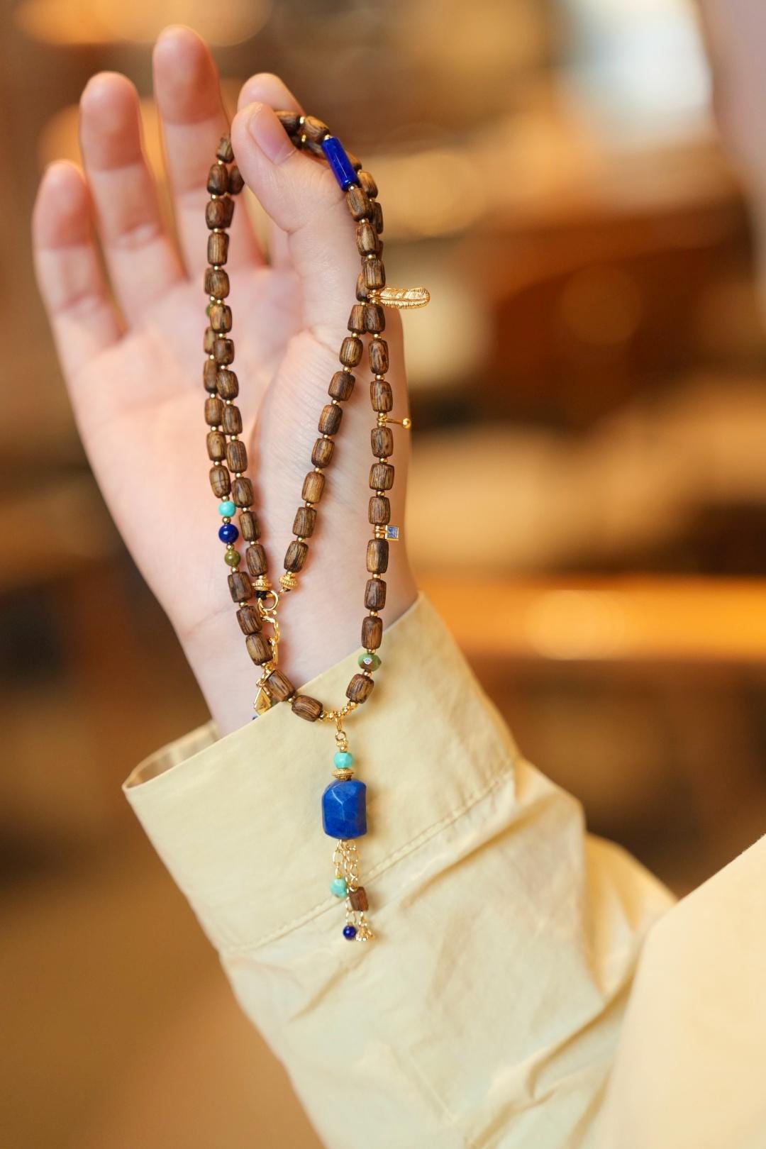 Kynam Agarwood Necklace, Old-Mine Imperial Lapis & Turquoise