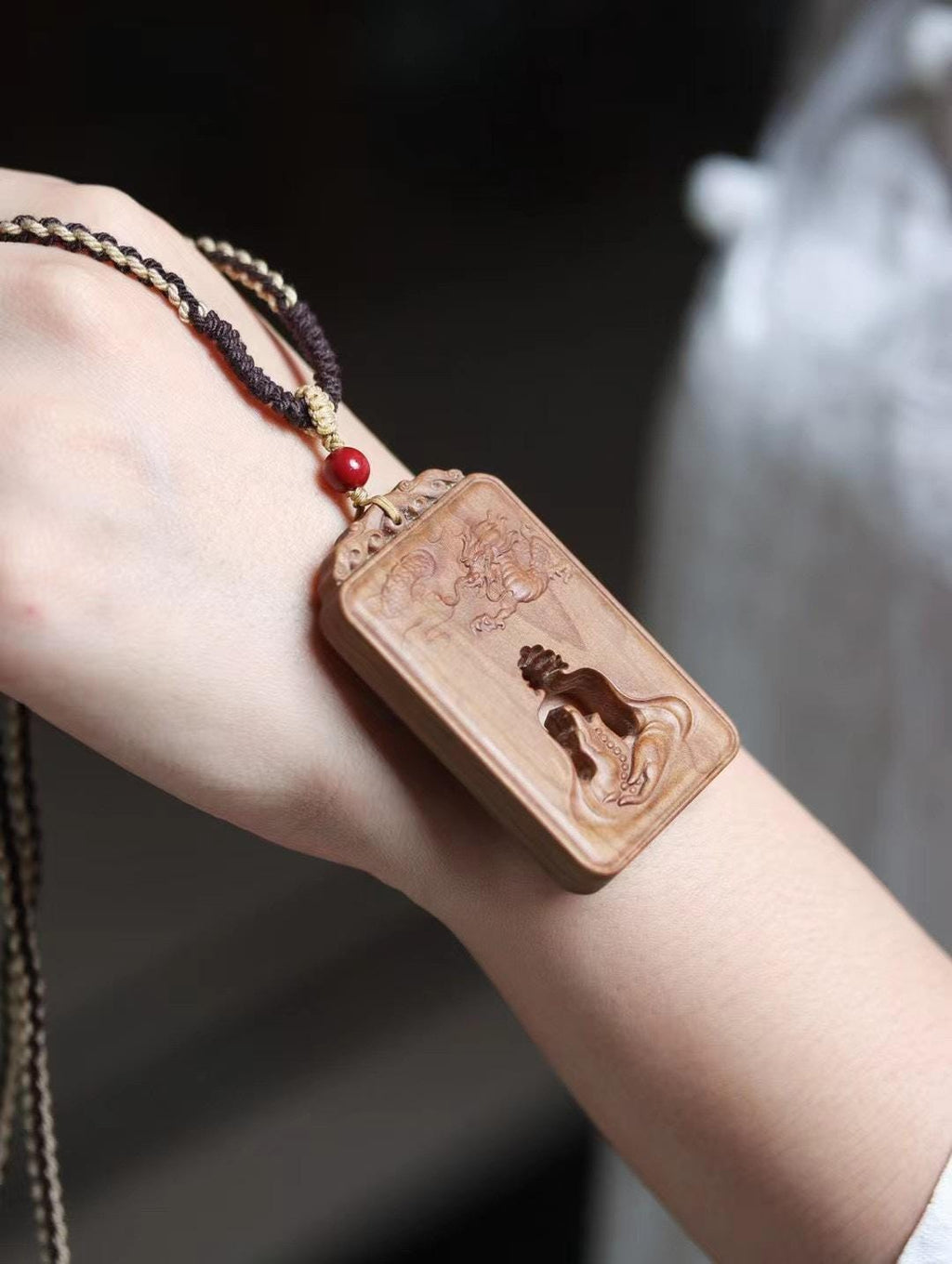 Mysore Sandalwood Charm, Hollow-Carved Buddha & Dragon