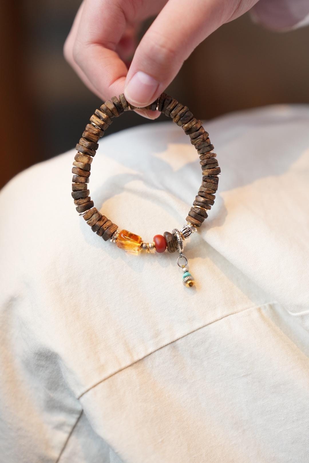 Kynam Agarwood Disc Bracelet, Citrine & South Red Agate