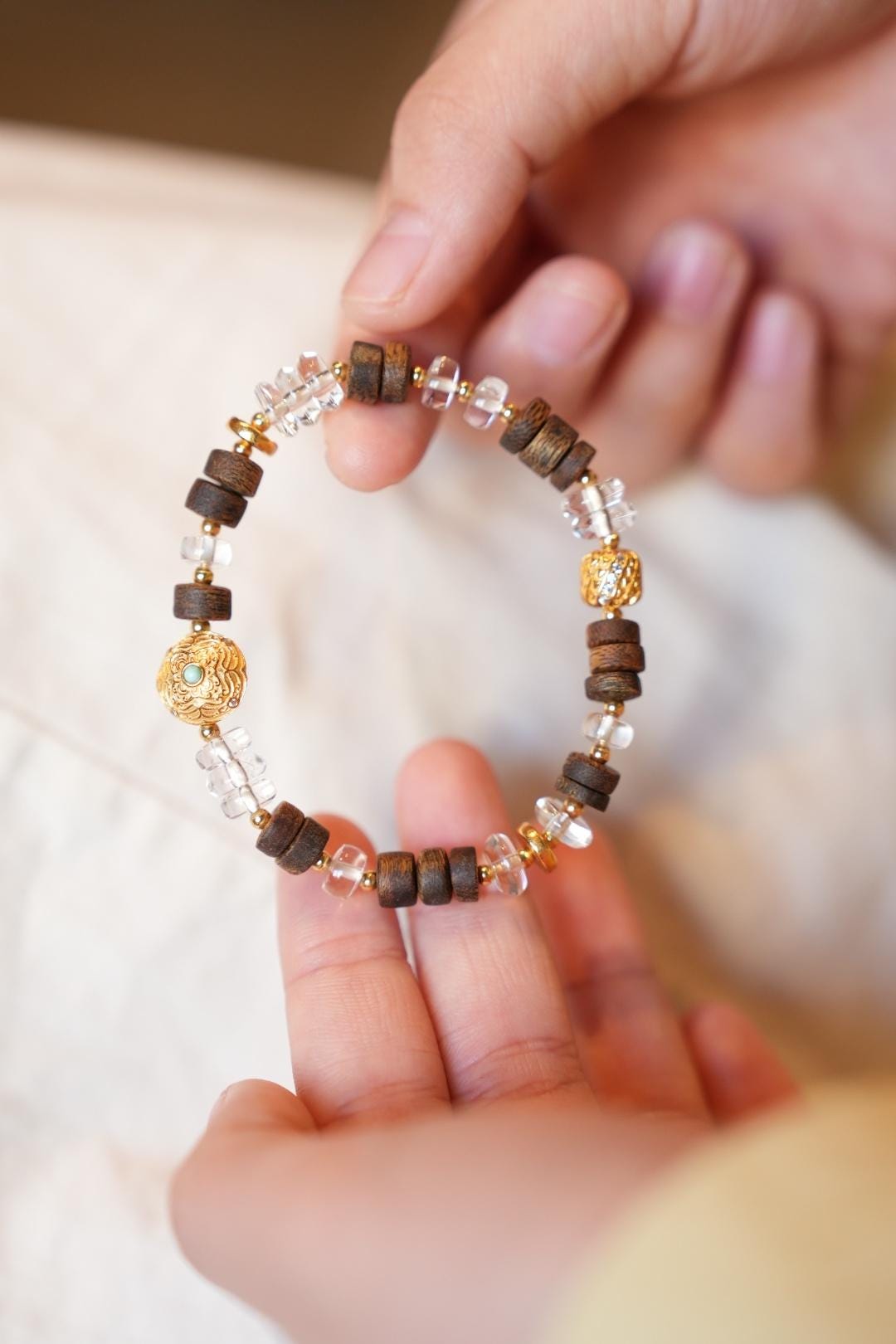Kynam Agarwood & Clear Crystal Bracelet, Carved Patterned Focal Bead with Turquoise