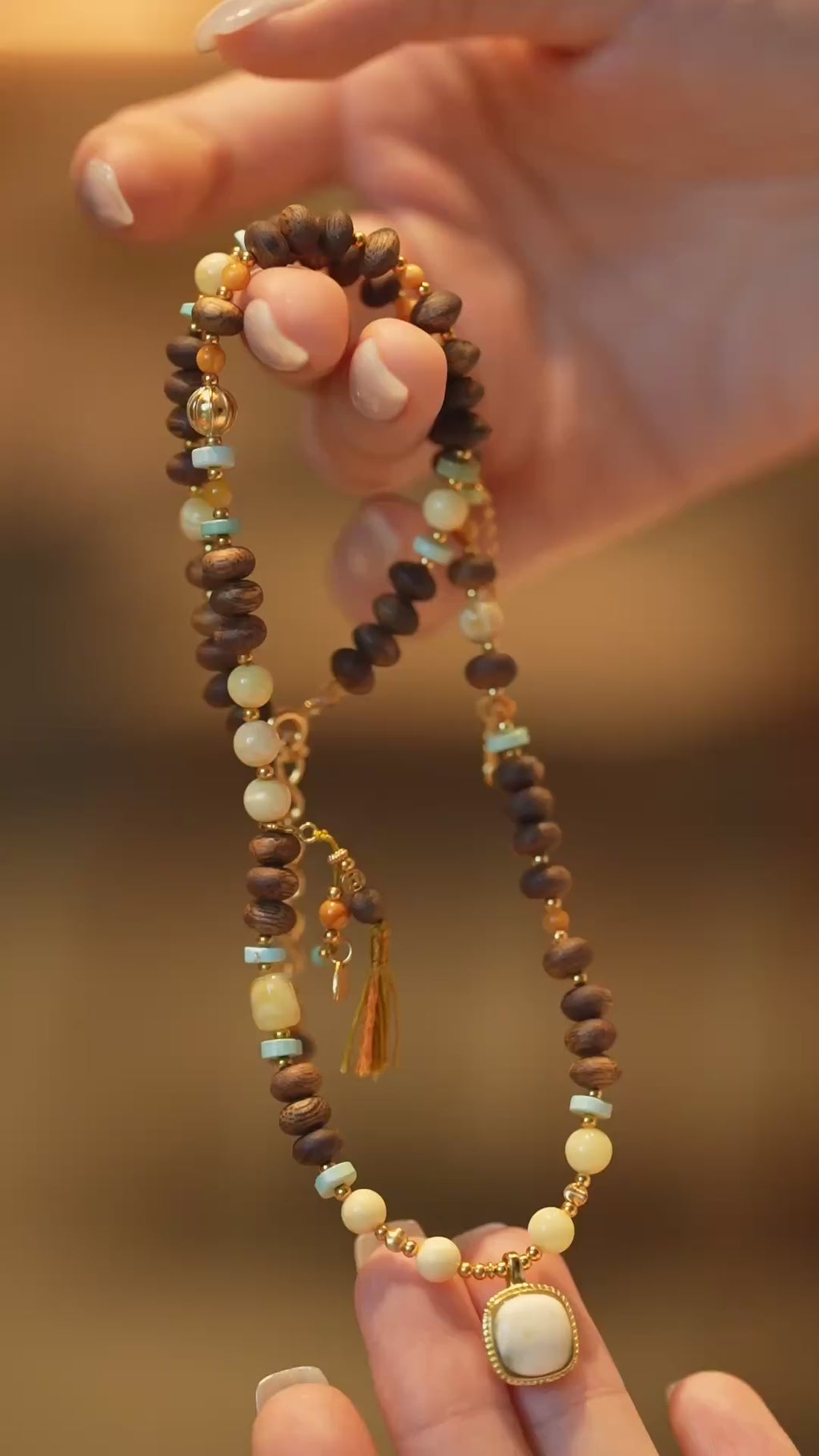 Kynam Agarwood Necklace, Wax Amber, Turquoise & Wax Pendant