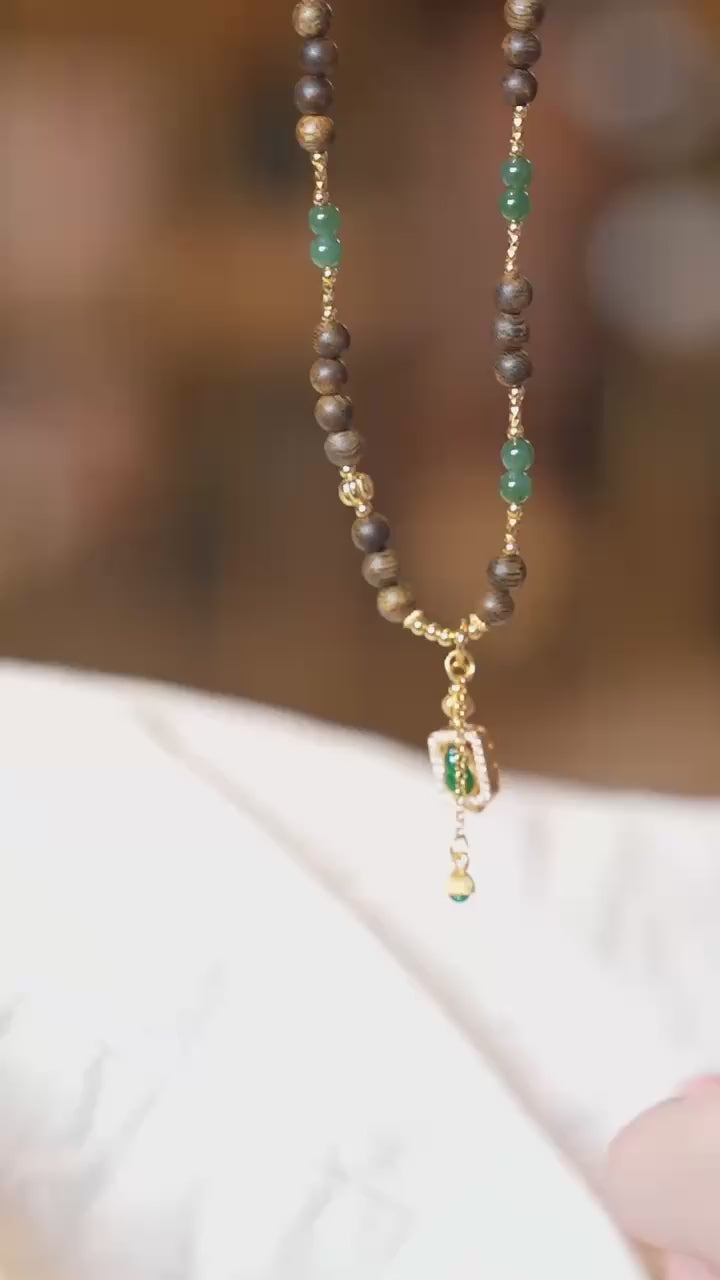 Kynam Agarwood Necklace, Ice-Green Jadeite & Carved Gourd