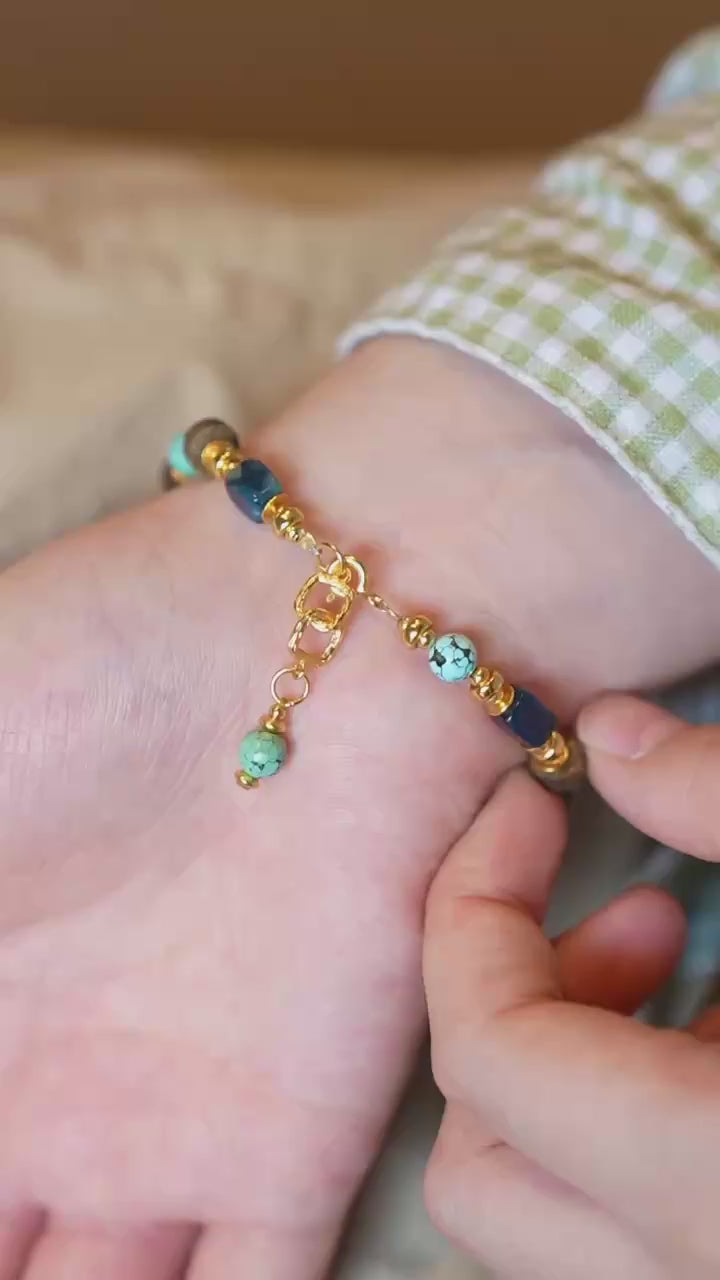 Turquoise and Sugilite Bracelet, Web-Pattern Rounds, Deep Blue Cubes, Agarwood Disc Spacers, Adjustable Clasp
