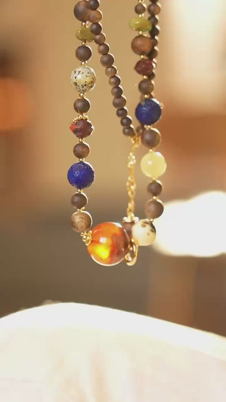 Kynam Agarwood Multi-Treasure Necklace, Cave Amber Main Bead, Lapis, South Red, Nephrite Jade, Turquoise
