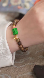 Kynam Agarwood Bracelet, Carved Imperial Green Jade & Pink Coral