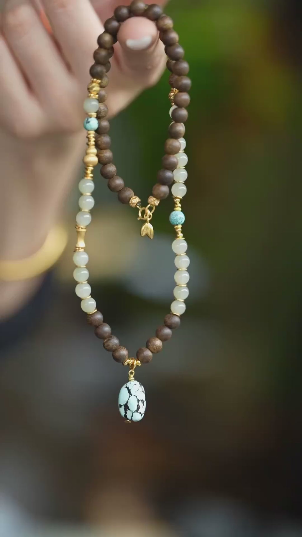Kynam Agarwood Necklace, Nephrite Jade & Turquoise Drop