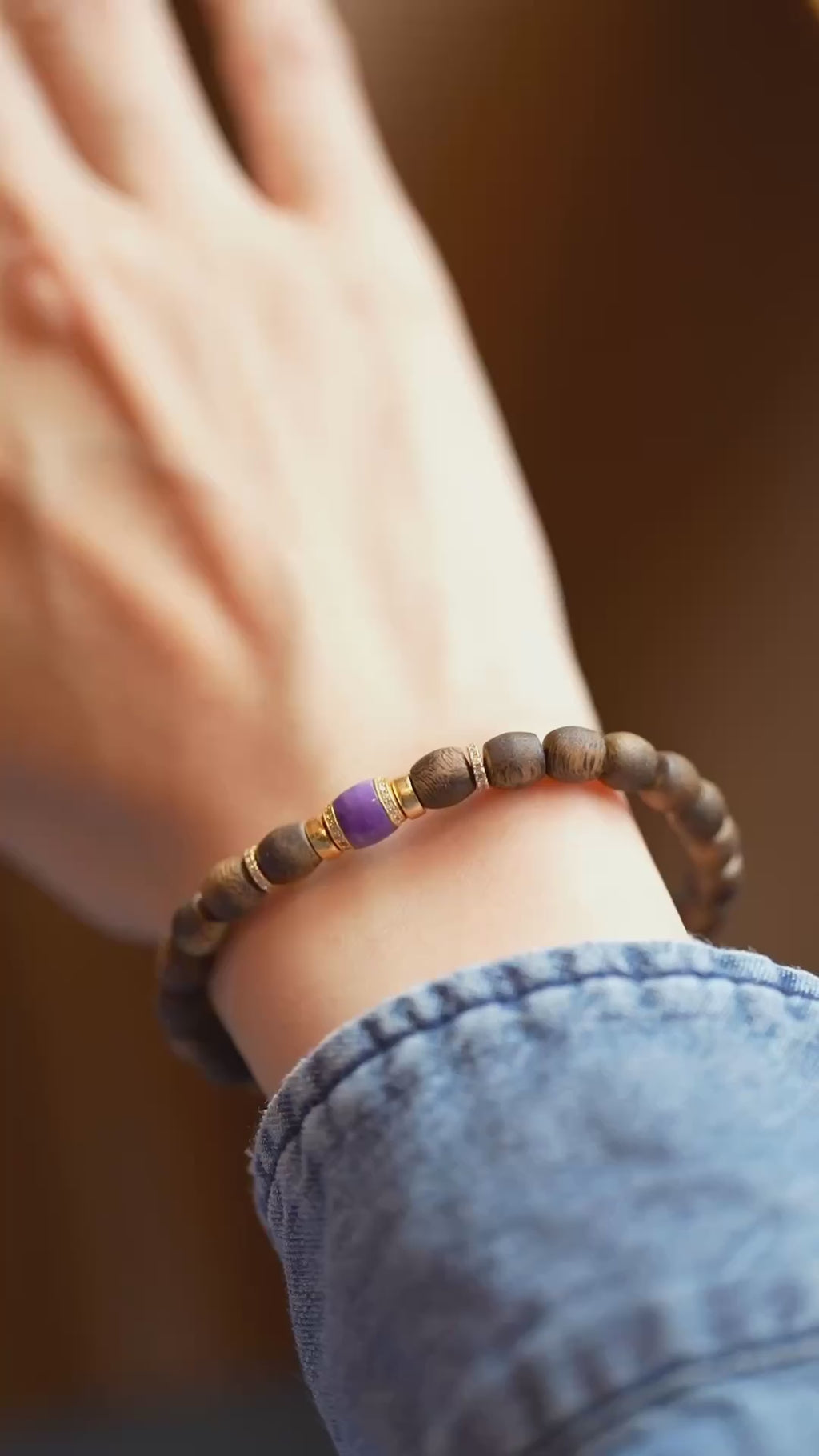 Kynam Agarwood Bracelet, Charoite & Crystal-Set Rondelles