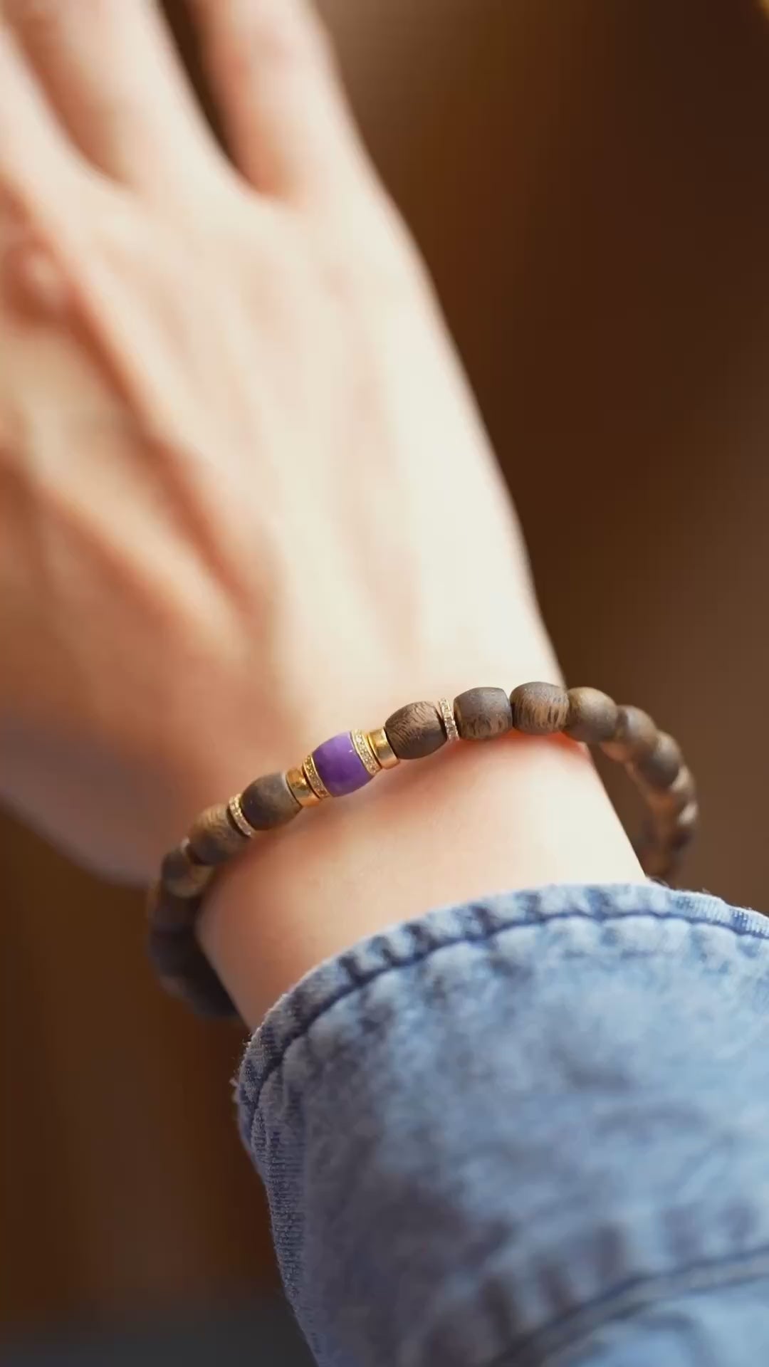 Kynam Agarwood Bracelet, Charoite & Crystal-Set Rondelles