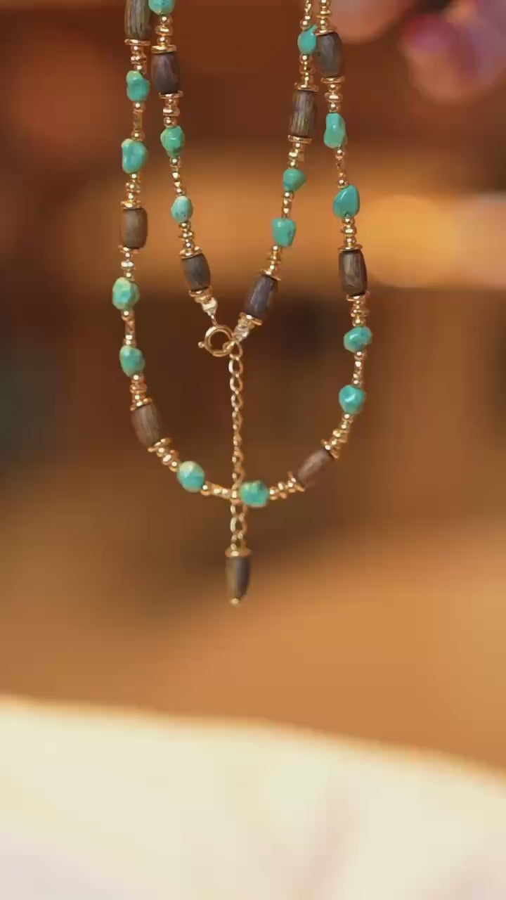 Kynam Agarwood & Turquoise Long Necklace, High-Porcelain Seed Stones, Barrel Beads