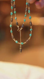 Kynam Agarwood & Turquoise Long Necklace, High-Porcelain Seed Stones, Barrel Beads