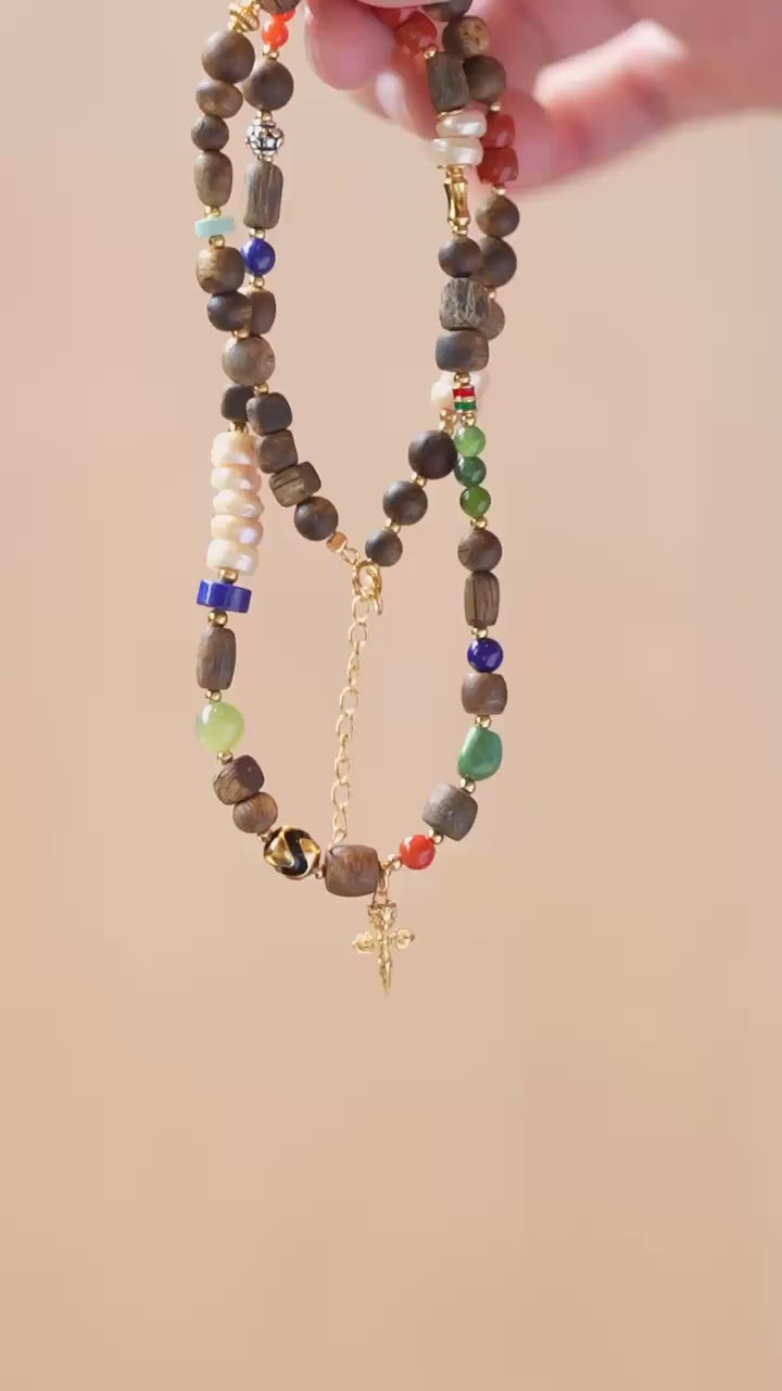 Kynam Agarwood Necklace, South Red, Tibetan Pearl, Jade & Lapis
