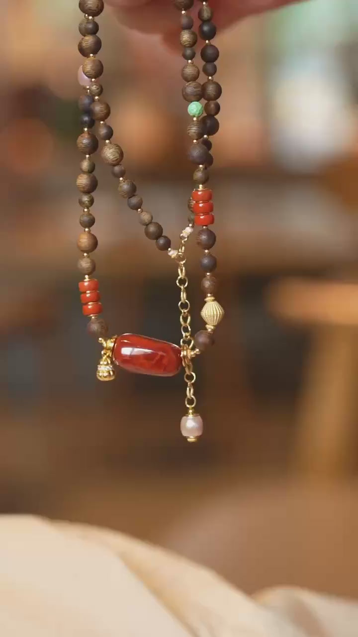 Kynam Agarwood Necklace, South Red Agate Focal, Turquoise & Pearl Accents