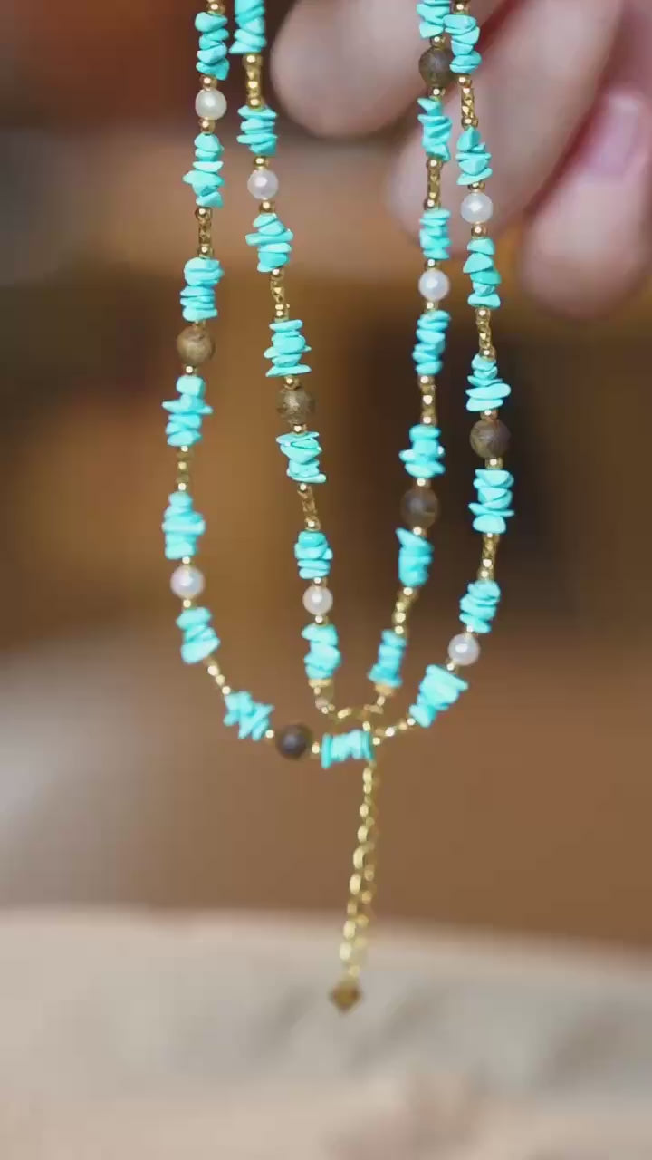 Kynam Agarwood Necklace, Sky-Blue Turquoise & Pearl, Freeform Chips